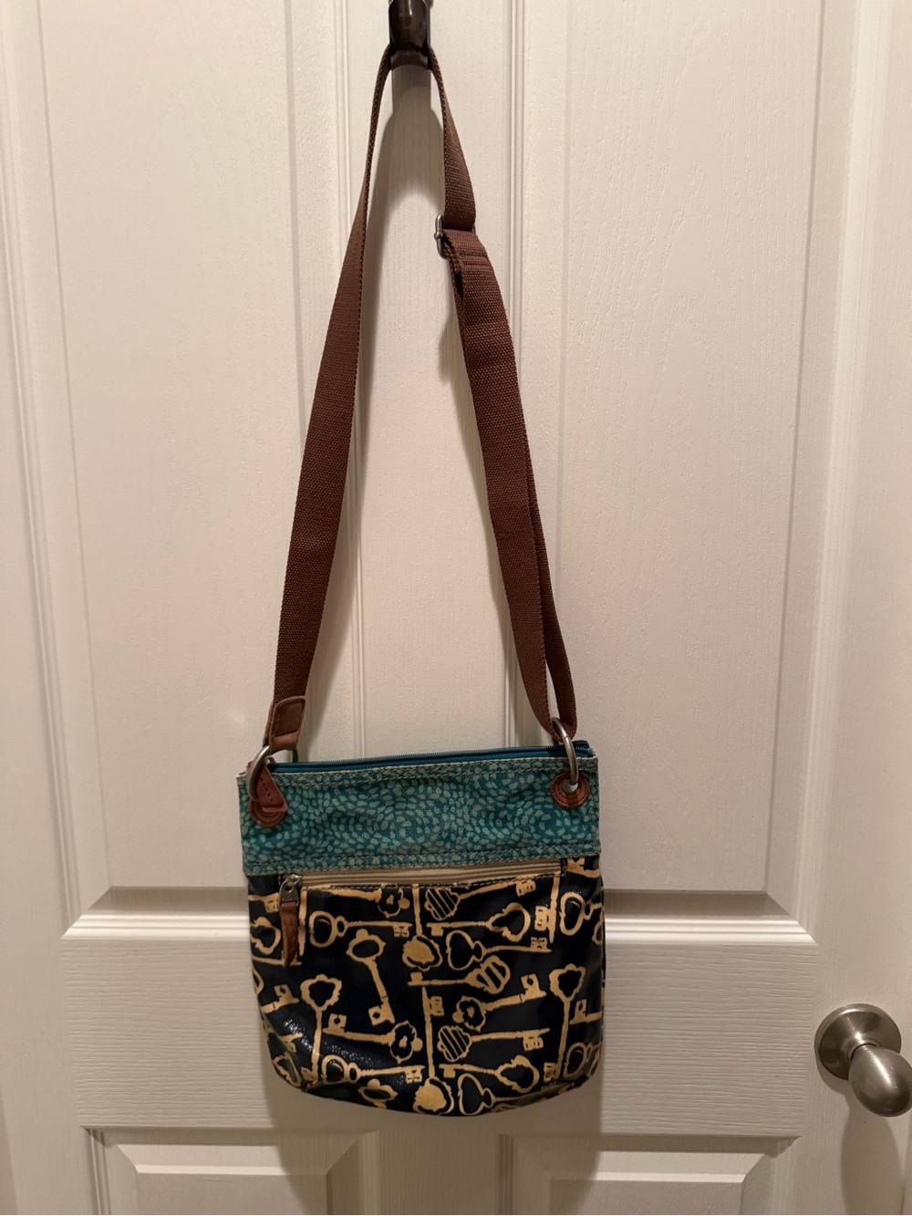 Fossil Key-Per Skeleton Key Print Crossbody Bag Teal Navy Y2K Vibes